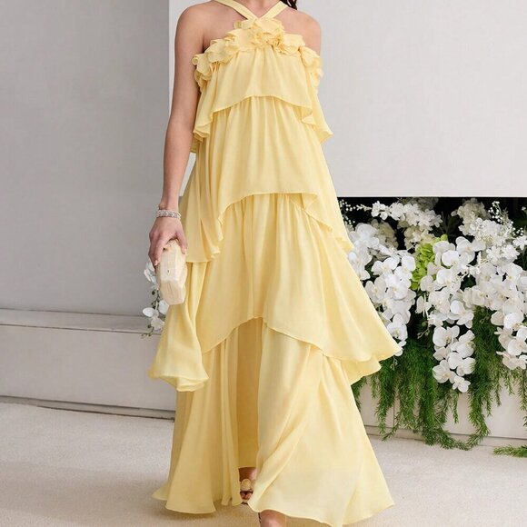 Yellow Elegant Women's Ruffle Trim Maxi Dress - Picture 3 of 7